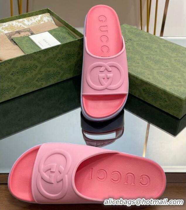 Good Quality Gucci Rubber Platform Slide Sandals with Interlocking G Light Pink/Pink 319016