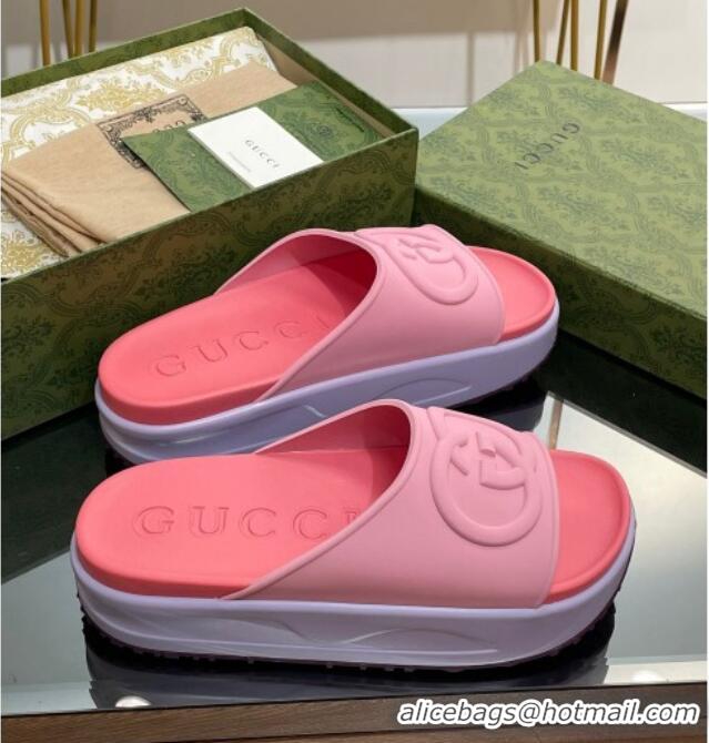 Good Quality Gucci Rubber Platform Slide Sandals with Interlocking G Light Pink/Pink 319016