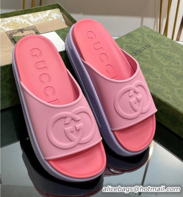 Good Quality Gucci Rubber Platform Slide Sandals with Interlocking G Light Pink/Pink 319016