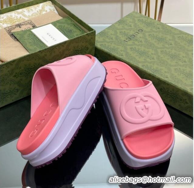 Good Quality Gucci Rubber Platform Slide Sandals with Interlocking G Light Pink/Pink 319016