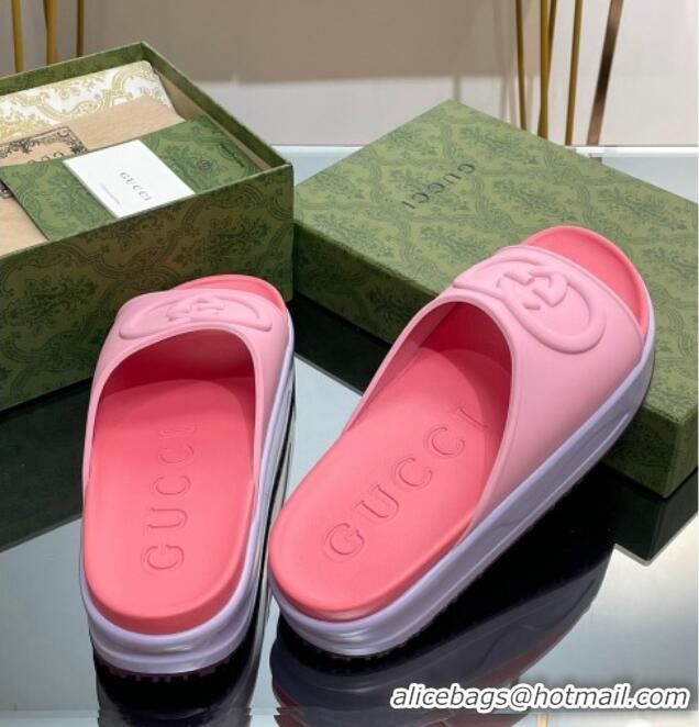 Good Quality Gucci Rubber Platform Slide Sandals with Interlocking G Light Pink/Pink 319016