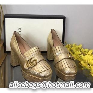 Good Product Gucci Leather Fringe Platform Pumps 8.5cm Gold 319018