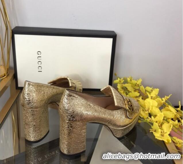 Good Product Gucci Leather Fringe Platform Pumps 8.5cm Gold 319018