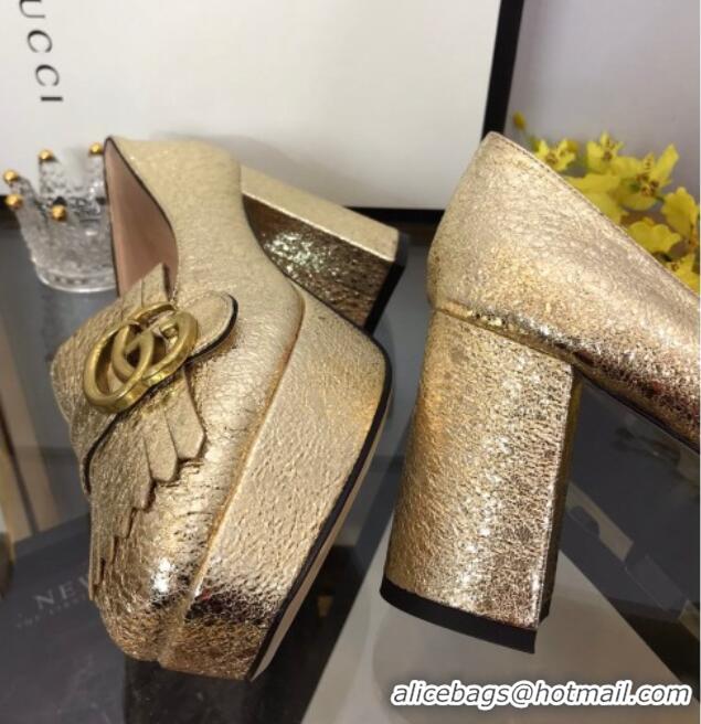 Good Product Gucci Leather Fringe Platform Pumps 8.5cm Gold 319018