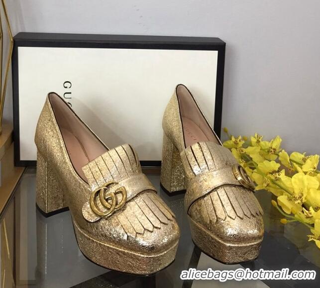 Good Product Gucci Leather Fringe Platform Pumps 8.5cm Gold 319018