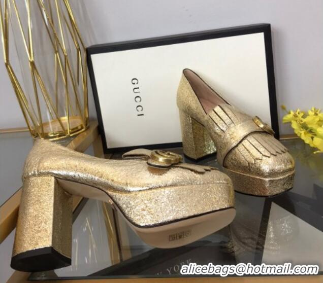 Good Product Gucci Leather Fringe Platform Pumps 8.5cm Gold 319018