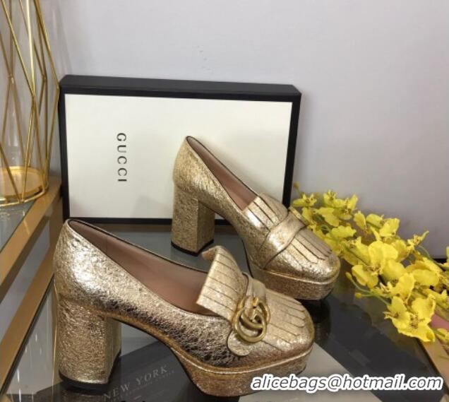 Good Product Gucci Leather Fringe Platform Pumps 8.5cm Gold 319018