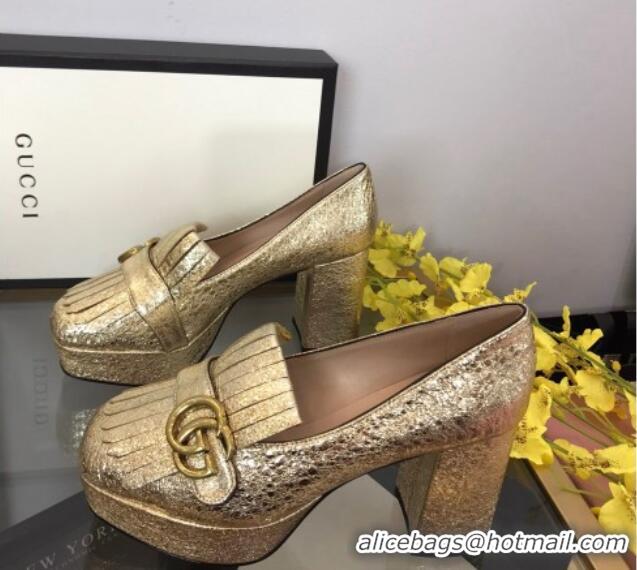 Good Product Gucci Leather Fringe Platform Pumps 8.5cm Gold 319018