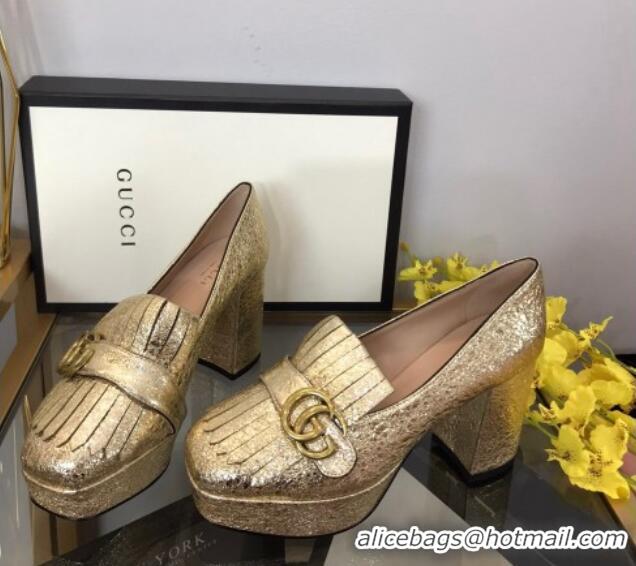 Good Product Gucci Leather Fringe Platform Pumps 8.5cm Gold 319018