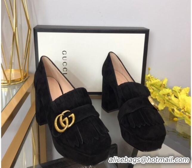 Sophisticated Gucci Suede Fringe Platform Pumps 8.5cm Black 319019