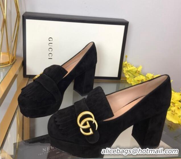 Sophisticated Gucci Suede Fringe Platform Pumps 8.5cm Black 319019