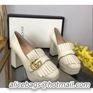 Best Grade Gucci Leather Fringe Platform Pumps 8.5cm White 319021