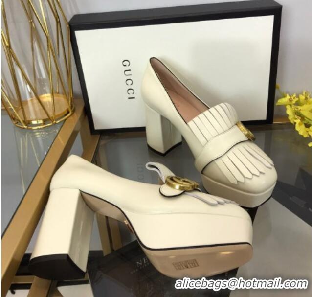 Best Grade Gucci Leather Fringe Platform Pumps 8.5cm White 319021