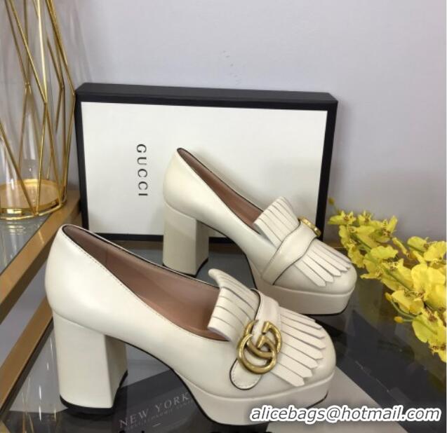 Best Grade Gucci Leather Fringe Platform Pumps 8.5cm White 319021