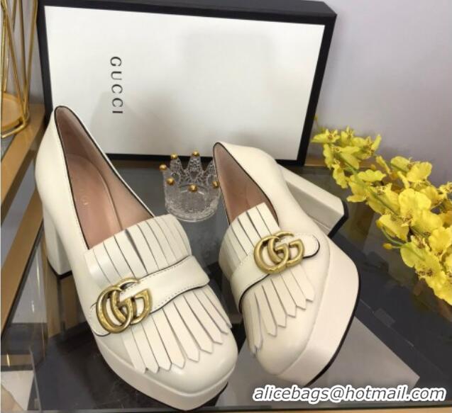 Best Grade Gucci Leather Fringe Platform Pumps 8.5cm White 319021