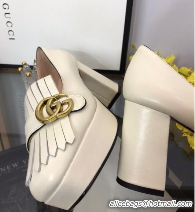 Best Grade Gucci Leather Fringe Platform Pumps 8.5cm White 319021