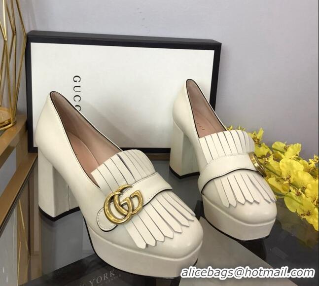 Best Grade Gucci Leather Fringe Platform Pumps 8.5cm White 319021