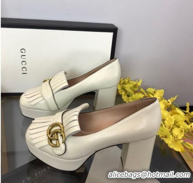 Best Grade Gucci Leather Fringe Platform Pumps 8.5cm White 319021