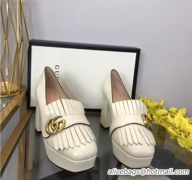 Best Grade Gucci Leather Fringe Platform Pumps 8.5cm White 319021