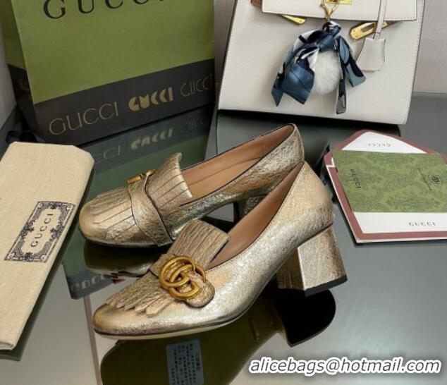 Feminine Gucci Leather Fringe Pumps 5cm Gold 319025