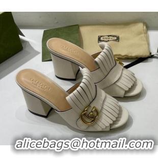 Duplicate Gucci Leather Fringe Heel Slide Sandals 7cm White 319029