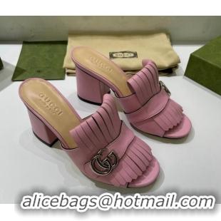 Stylish Gucci Leather Fringe Heel Slide Sandals 7cm Pink 319030