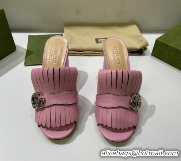 Stylish Gucci Leather Fringe Heel Slide Sandals 7cm Pink 319030