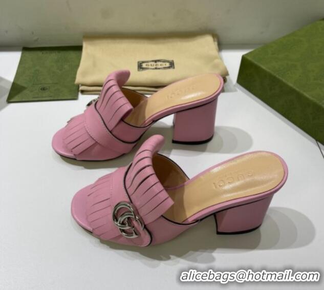 Stylish Gucci Leather Fringe Heel Slide Sandals 7cm Pink 319030