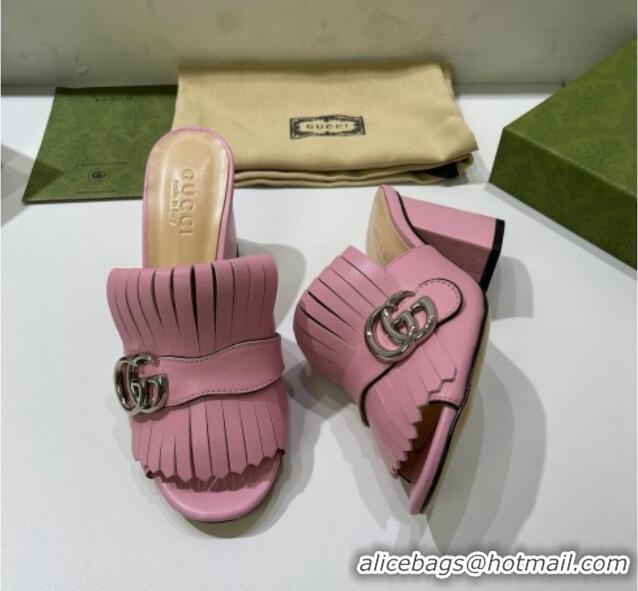 Stylish Gucci Leather Fringe Heel Slide Sandals 7cm Pink 319030