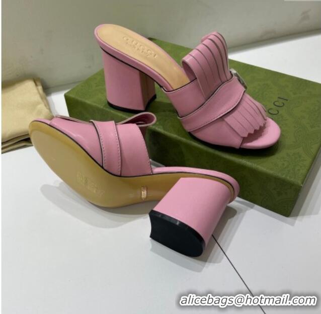 Stylish Gucci Leather Fringe Heel Slide Sandals 7cm Pink 319030