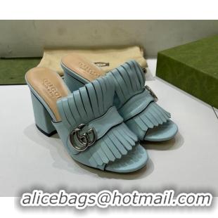 Purchase Gucci Leather Fringe Heel Slide Sandals 7cm Blue 319031