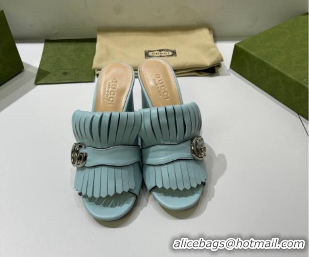 Purchase Gucci Leather Fringe Heel Slide Sandals 7cm Blue 319031