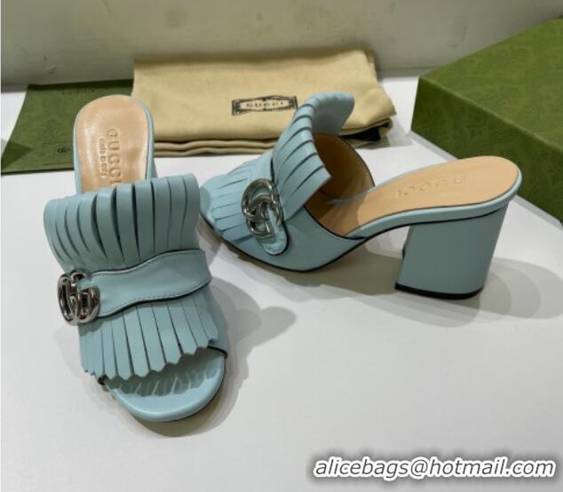 Purchase Gucci Leather Fringe Heel Slide Sandals 7cm Blue 319031