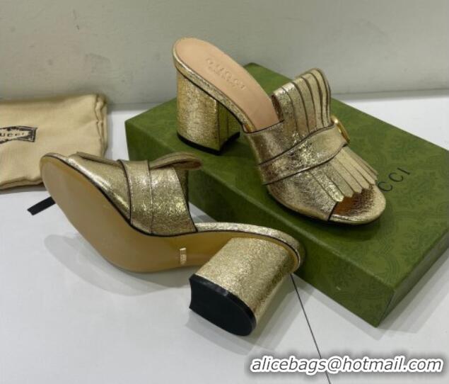 Perfect Gucci Leather Fringe Heel Slide Sandals 7cm Gold 319032