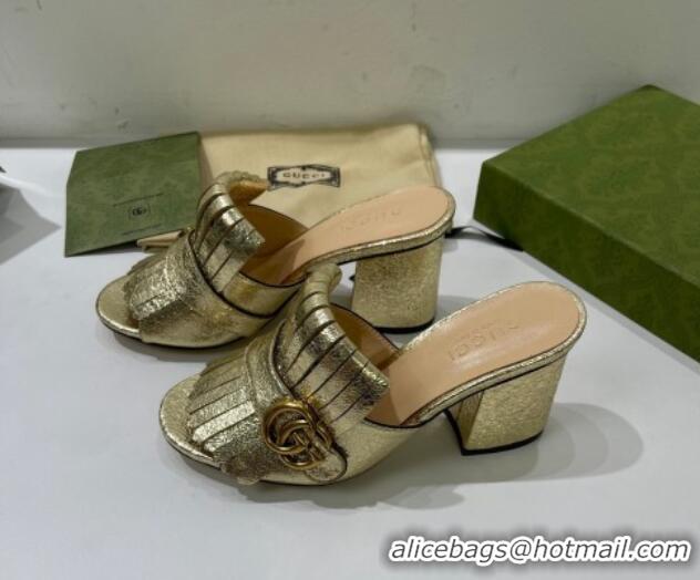 Perfect Gucci Leather Fringe Heel Slide Sandals 7cm Gold 319032