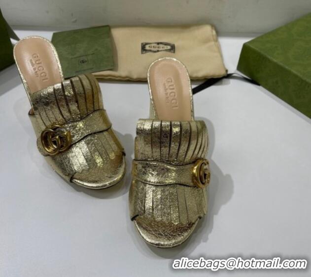 Perfect Gucci Leather Fringe Heel Slide Sandals 7cm Gold 319032