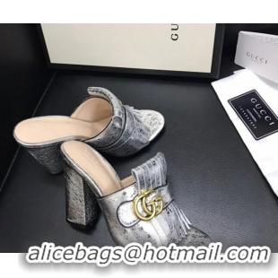 Popular Style Gucci Leather Fringe Heel Slide Sandals 7cm Silver 319033