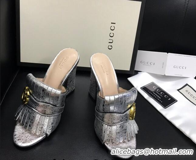 Popular Style Gucci Leather Fringe Heel Slide Sandals 7cm Silver 319033