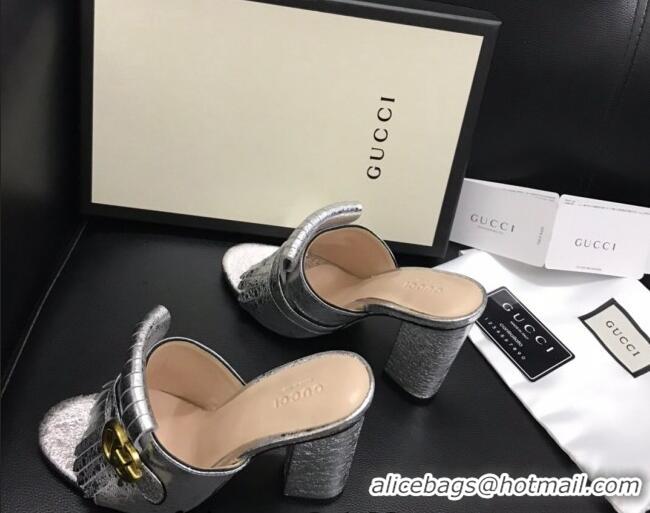 Popular Style Gucci Leather Fringe Heel Slide Sandals 7cm Silver 319033