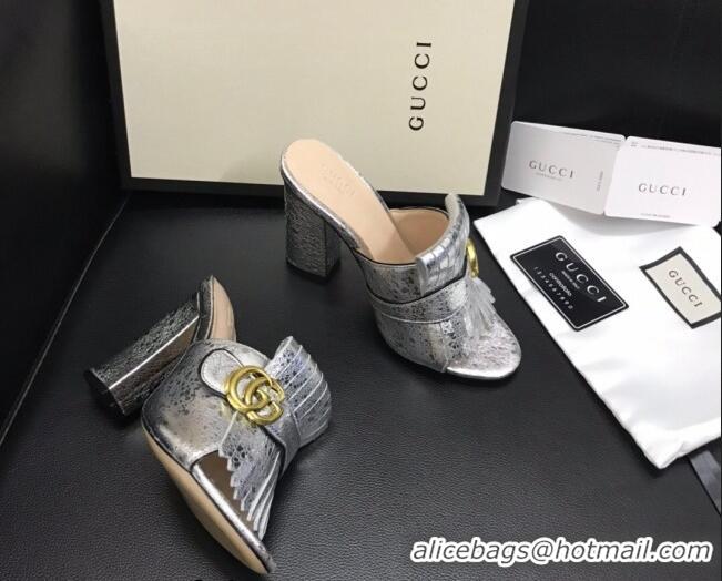 Popular Style Gucci Leather Fringe Heel Slide Sandals 7cm Silver 319033