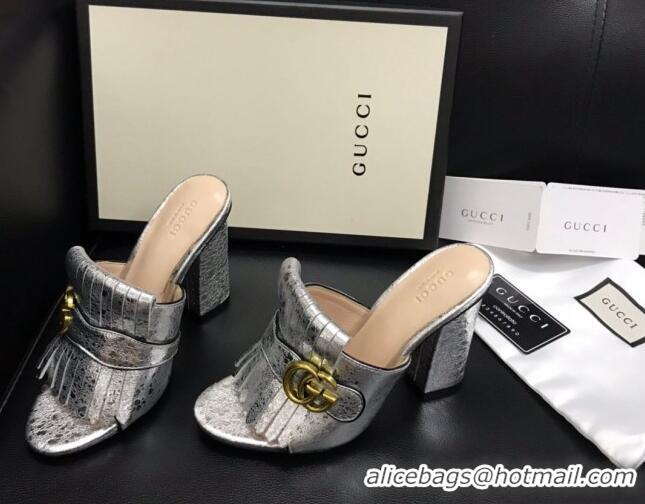 Popular Style Gucci Leather Fringe Heel Slide Sandals 7cm Silver 319033