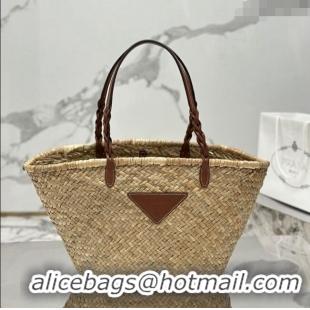 Promotional Prada Woven Palm and Leather Tote Bag 1BG314 Beige/Brown 2023