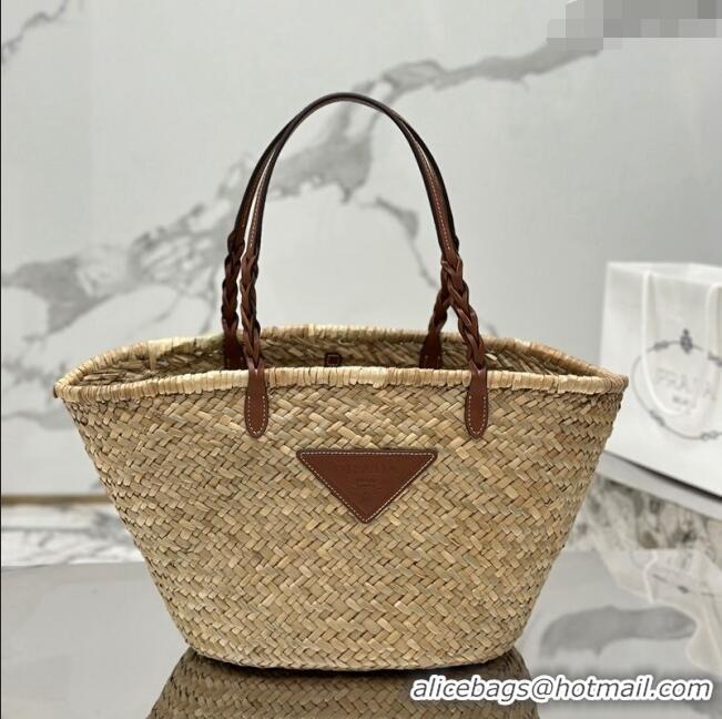 Promotional Prada Woven Palm and Leather Tote Bag 1BG314 Beige/Brown 2023