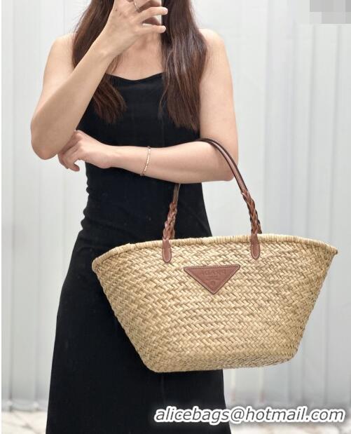 Promotional Prada Woven Palm and Leather Tote Bag 1BG314 Beige/Brown 2023