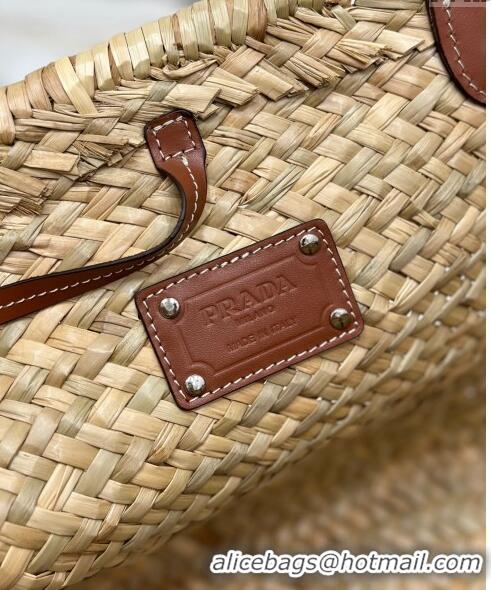 Promotional Prada Woven Palm and Leather Tote Bag 1BG314 Beige/Brown 2023