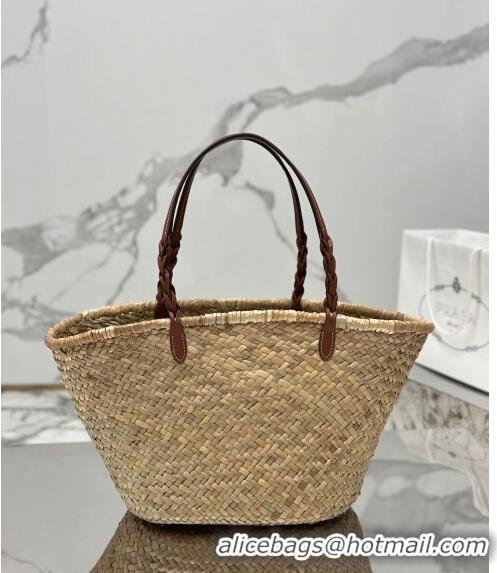 Promotional Prada Woven Palm and Leather Tote Bag 1BG314 Beige/Brown 2023