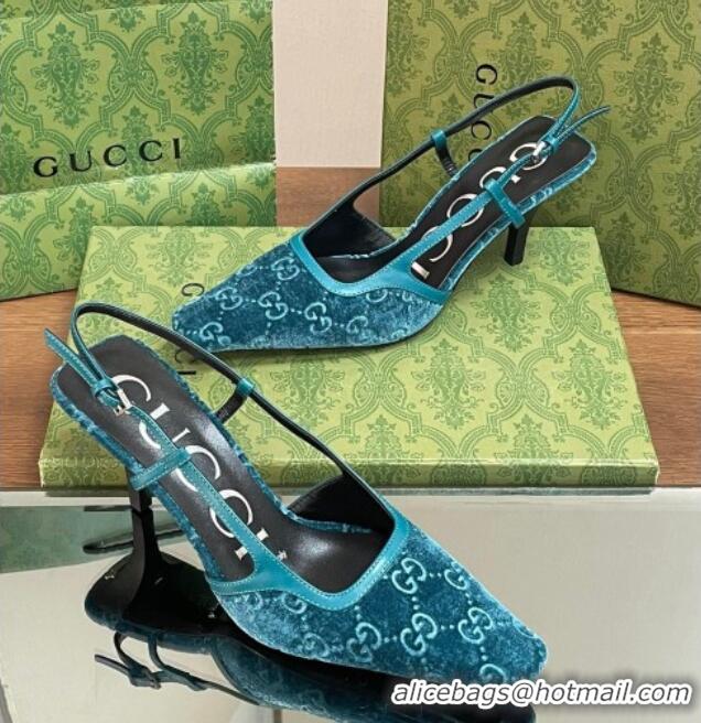 Stylish Gucci Slingback High heel Pumps 8.5cm in Velvet Blue 319046