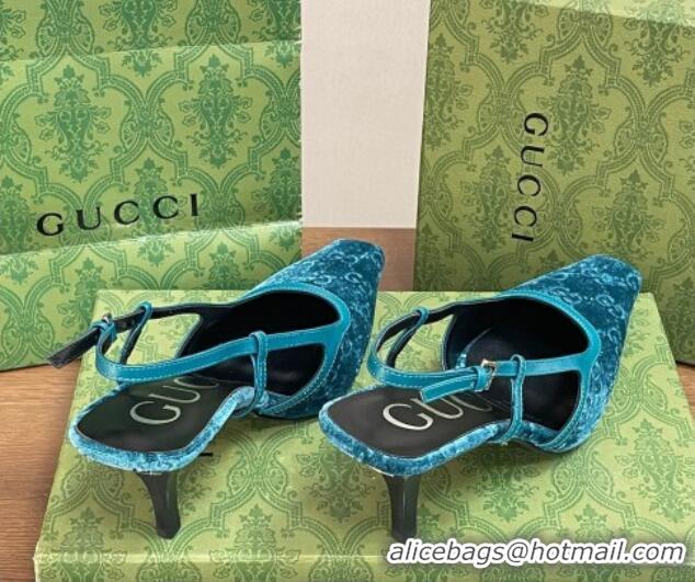 Stylish Gucci Slingback High heel Pumps 8.5cm in Velvet Blue 319046