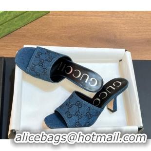 Most Popular Gucci Denim Heel Slide Sandals 7.5cm with Crystals GG Dark Blue 319048