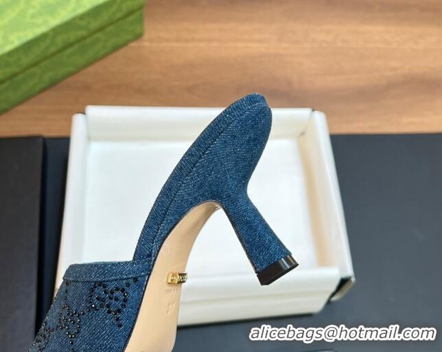 Most Popular Gucci Denim Heel Slide Sandals 7.5cm with Crystals GG Dark Blue 319048